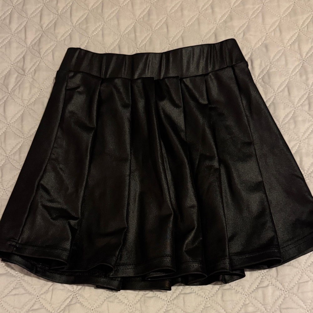 Girls Black Faux Leather Pleated Skirt